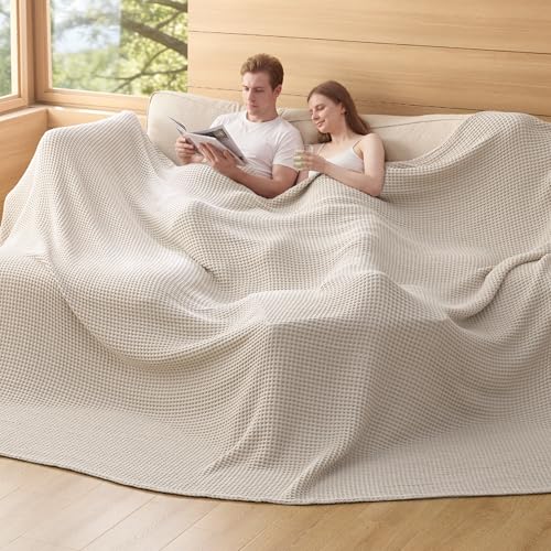Bedsure Lightweight 100% Cotton Waffle Blanket, Oversized King, Linen | Summer, Breathable, Soft, Comfort, Light, Thin, Textured, Bed, Couch, Sofa, Chair, 120"x94", Sheet Blanket, Cozy Gifts - color: Linen, size: Oversized King (120" X 94")