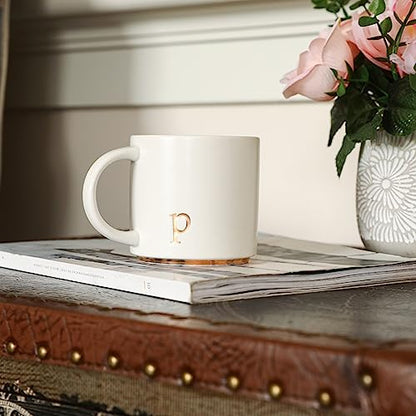 COLLECTIVE HOME Ceramic Coffee Mug, 15 oz Monogram Cup with Gift Box(P) | Dishwasher Safe, Engraved Gold Letter , Personalized Housewarming Birthday Present, Christmas Thanksgiving Mothers Day Gifts - color: gold-p