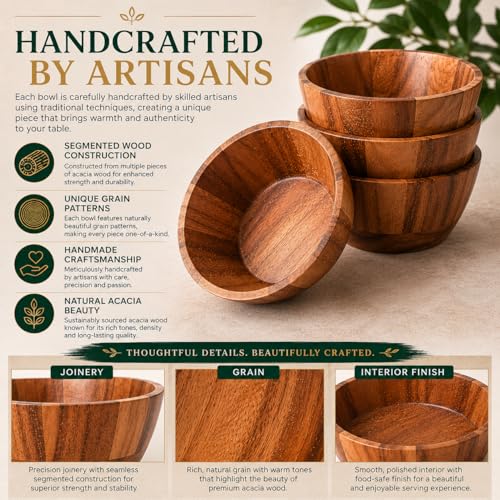 Acacia Wood Round Serving Bowls Set of 4 V Shape Handmade 4.33 Inch Medium Size Brown - size: 4 V Shape Bowls of 4.33-Inch