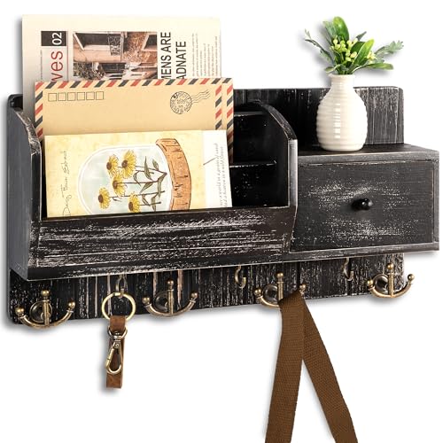 Rebee Vision Key Holder Wall Mount with Hooks for Room Decor, Old Black | Wooden Storage Drawer for Letters & File, 7 Key Hooks, Rustic Wall Mail Organizer for Entryway, Office, and Kitchen - color: Old Black