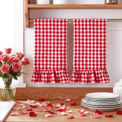 HunnmingRe Red Kitchen Towels Set of 2, 100% Cotton Ruffled Gingham Dish Towels 18"x28" Tea Cloths Classic Plaid Pattern for Farmhouse Charm, Drying Dishes, Entertaining Guests - color: Red, style: Gingham
