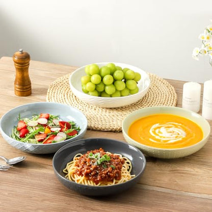 HASENSE Ceramic Pasta Bowls, 42 OZ Ceramic Salad Bowl Set of 4, Large Serving Plate Bowls,Embossment Stoneware Wide and Shallow Pasta Plates for Fruits, Noodle,Colorful - color: Colorful