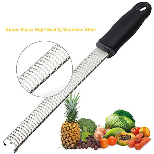 8-Inch Lemon Zester & Cheese Grater, 18/8 Stainless Steel, Black | Fine 18/8 Stainless Steel Blade for Citrus, Parmesan, Ginger and Garlic, Soft Non-slip Handle, Cover, Dishwasher Safe - color: B-Black