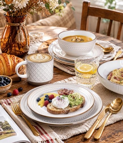 GBHOME Stoneware Dinnerware Set for 4, 12 piece Farmhouse Plates and Bowls | Elegant Embossed Ceramic Dish Set, Scratch Resistant, Microwave & Dishwasher Safe, Off white - color: Off White-Wheat Ear