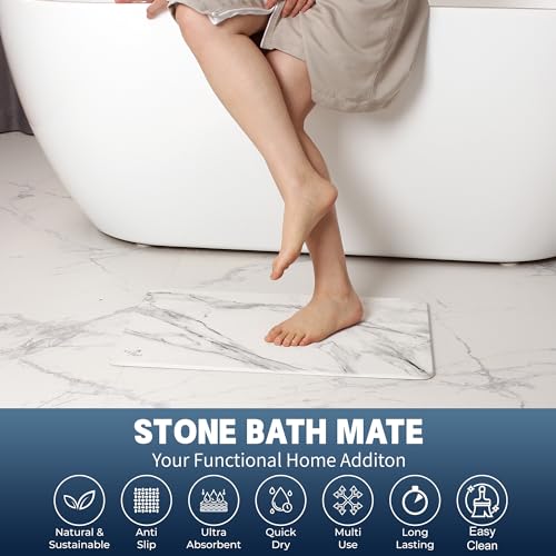 Stone Bath Mat,Diatomaceous Earth Shower Mat,Fast-Drying Stone Bathroom Floor Mat,Absorbent Non-Slip Diatomite Mats for Bathtub,White Marble - color: White Marble-24*16-1 Pack