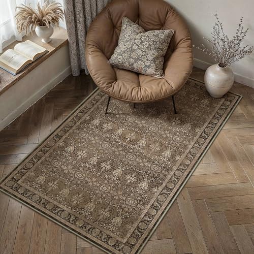 Brown 3x5 Washable Area Rugs for Living Room | Living Room Rug,Vintage Rug,Bedroom,Dining Room,Office,Farmhouse,Non-Shedding,Non Slip,Low Pile,Soft - color: Brown, size: 3' x 5' (Rectangular)