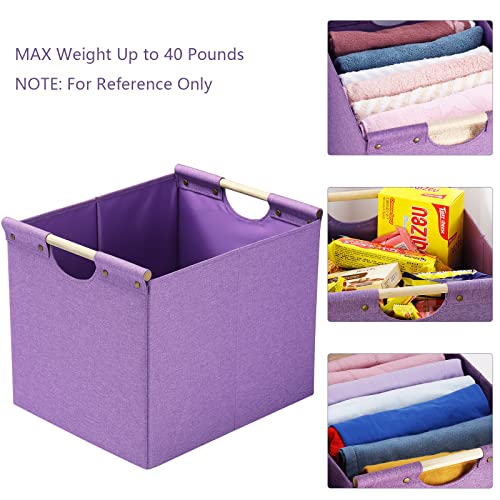 HOONEX Large Foldable Storage Bins, Linen Fabric, Pack of 2, Storage Baskets with Wooden Carry Handles and Sturdy Heavy Cardboard, for Home, Office, Car, Nursery, Purple - color: Purple