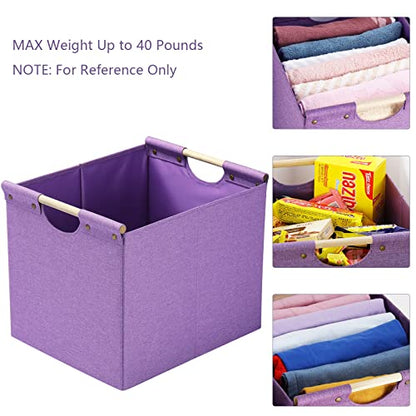 HOONEX Large Foldable Storage Bins, Linen Fabric, Pack of 2, Storage Baskets with Wooden Carry Handles and Sturdy Heavy Cardboard, for Home, Office, Car, Nursery, Purple - color: Purple