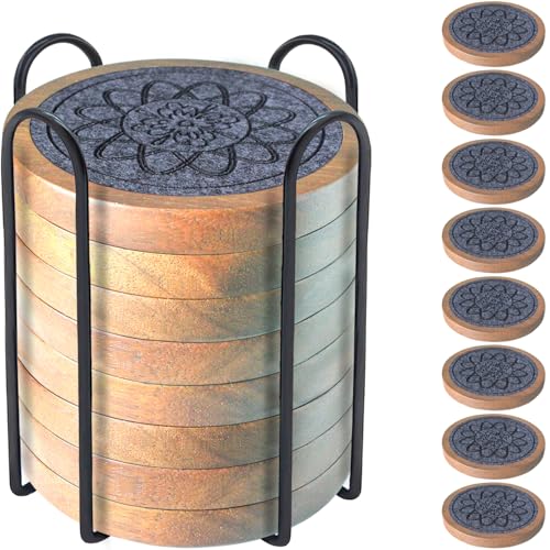 Wood Coasters for Drinks Set of 8, Minacun Absorbent Coaster, Drinks Coasters for Coffee Tabletop Protection, Non-Slip, Non-Stick, Suitable for Kinds of Cups Wooden Table Drink, 4.3 Inch Gray - color: #8-light Gray