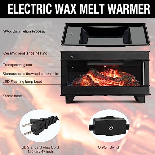 Fireplace Wax Melt Warmer, Electric Wax Warmer for Scented Wax | 3-Sided Glass Metal Wax Melter & Burner,Candle Warmer with LED Flame Glow,Fragrance Warmer for Home Office Decor Gifts