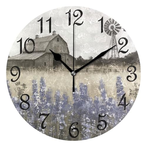Farmhouse Landscape Wildflowers Barn Windmill Round Wall Clock Silent Non Ticking Bathroom Clocks 10 Inch Battery Operated Clock for Kitchen Living Room Bedroom Home Decor - color: A009