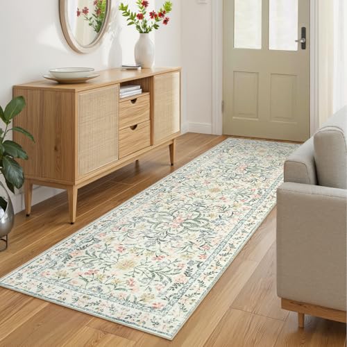 Wonnitar Washable Rug Runner 2'6''x8', Boho Floral Hallway Runner Rug 8ft Long Carpet for Bedroom, Soft Non Slip Ultra-Thin Beige Carpets for Bathroom Kitchen Bedside - color: Beige, size: 2'6" x 8' (Runner)