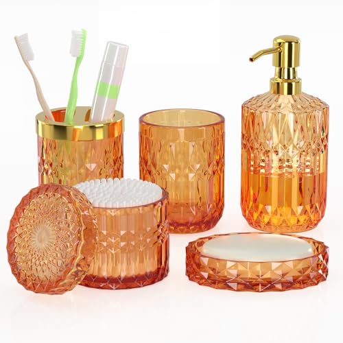 Orange Glass Bathroom Accessories Set 5 Pcs, Orange Bathroom Set, Soap Dispenser and Toothbrush Holder Set, Qtip Holder Set, Vintage Bathroom Sink Set, Cute Bathroom Decor - style: orange