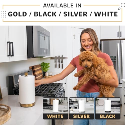 Heavy-Duty Stainless Steel Paper Towel Holder - Easy One-Handed Tear with Suction Cups - Modern Weighted Standing Countertop Dispenser for Kitchen - Holds All Paper Towel Rolls, Gold - color: Gold