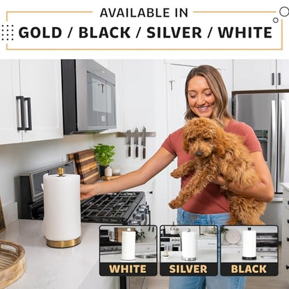 Heavy-Duty Stainless Steel Paper Towel Holder - Easy One-Handed Tear with Suction Cups - Modern Weighted Standing Countertop Dispenser for Kitchen - Holds All Paper Towel Rolls, Gold - color: Gold