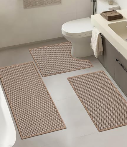 Thin Bath Mat Khaki Bathroom Rugs Sets 3 Pieces, Non Slip Absorbent Bath Mats Quick Dry, Woven Braided Rugs Washable, Rubber Tapetes para Baño for Bathroom Toliet,Bathtub - color: Khaki, size: 3Pieces(17.5"x24"U+17"x24"+17"x32")