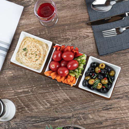 Restaurantware-15 Ounce Bowl Set with Tray - 1 Dishwashable Serving Set, Includes 3 Porcelain Bowls And 1 Bamboo Tray, Durable, White Porcelain And Bamboo Bowl And Platter Kit, Reusable, Freezable - size: Triple set, style: Cocktail