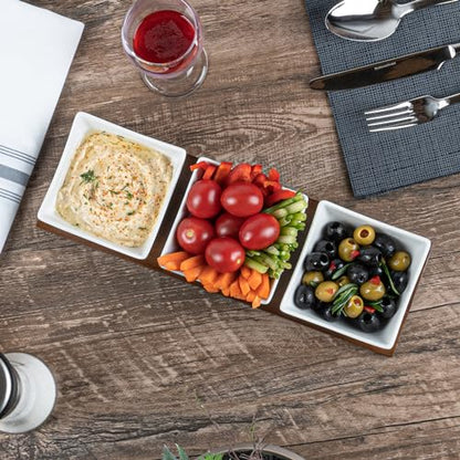 Restaurantware-15 Ounce Bowl Set with Tray - 1 Dishwashable Serving Set, Includes 3 Porcelain Bowls And 1 Bamboo Tray, Durable, White Porcelain And Bamboo Bowl And Platter Kit, Reusable, Freezable - size: Triple set, style: Cocktail