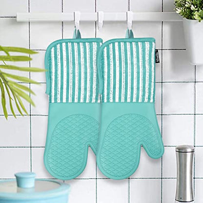Alselo Silicone Oven Mitts Heat Resistant 932℉ with Waterproof & Non-Slip | Kitchen Mittens Set of 2,Extra Long 7.5"x15" Oven Gloves with Soft Cotton Terry Lining for Baking Cooking BBQ(Green,2) - color: Green