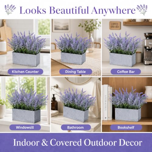 Artificial Lavender Flowers Potted Outdoor UV Resistant Fake Lavender for Window Sill Faux Lavender Plant for Farmhouse Home Bathroom Office Coffee Table Centerpieces Book Corner Shelf Indoor Decor