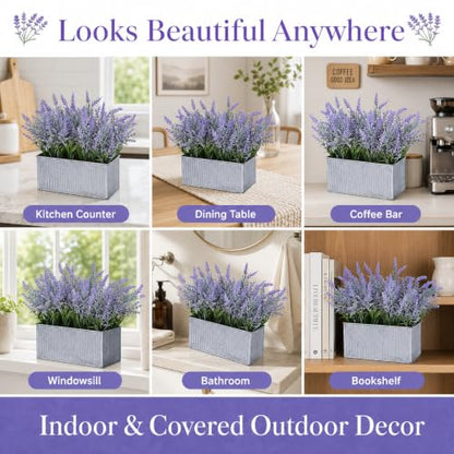 Artificial Lavender Flowers Potted Outdoor UV Resistant Fake Lavender for Window Sill Faux Lavender Plant for Farmhouse Home Bathroom Office Coffee Table Centerpieces Book Corner Shelf Indoor Decor