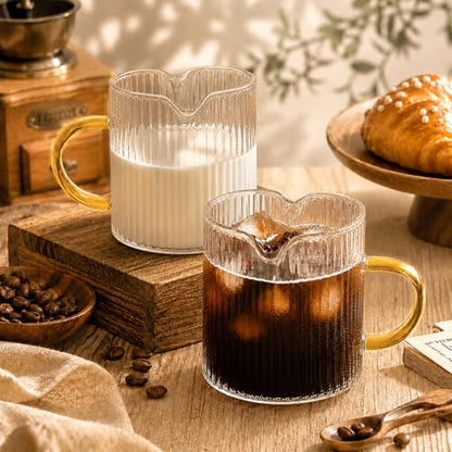 4OZ Glass Espresso Shot Cups Set with Gold Handle, Coffee Bar Accessories | Set of 2, double spouts cup clear milk cup