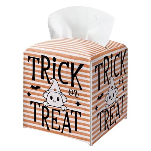 Halloween Trick Or Treat Tissue Box Holder, Pink Stripe Leather Tissue Box Cover Square, Cute Ghost Facial Paper Organizer Dispenser Toilet Paper Holder for Bathroom Kitchen Office Home Decor-A12 - color: Pink03