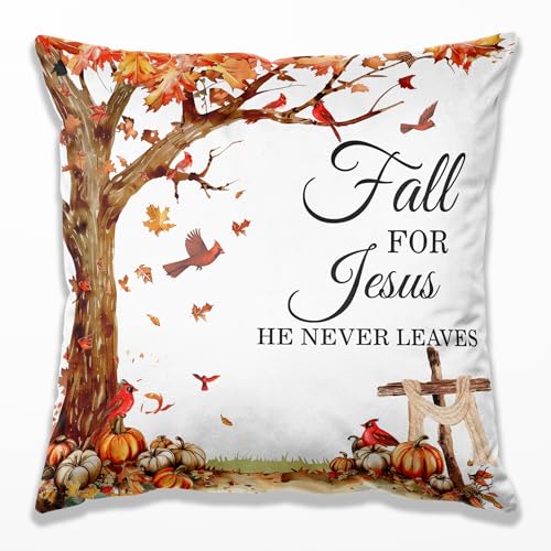 Fall for Jesus He Never Leaves Christian Throw Pillow Covers 18x18, Autumn Pumpkin Leaf Pillow Case Decor for Bedroom Home, Fall Christian Religious Gifts for Women - color: 01 Color