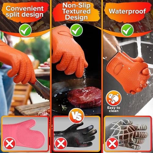 Silicone Oven Gloves with Fingers – Dual-Layer Silicone Gloves for Cooking, Heat & Oil Resistant with Soft Inner Cotton Padding – Non-Slip Oven Mitts for Grilling, Baking, Hot Tray, Smoker & Fryer Use