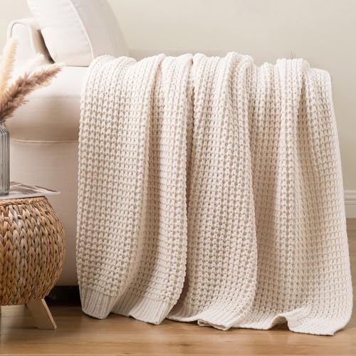 Cream White Throw Blanket for Couch Bed, Waffle Knit Throw Blanket 50"x60" | Ivory Chunky Chenille Throw Blanket, Modern Farmhouse Knitted Blankets, Warm Decorative White Blanket Throw for Home Decor - color: Cream, size: 50"x60"