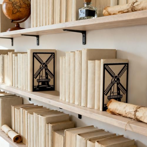 5.3"x4.3"x7.9" Metal Bookends, Heavy Duty Book Ends for Shelves | Dutch Windmill and Fence Theme Cast Iron Book Supports, 1 Pair Decor Stoppers for Desk, Library, Office & Home Shelves - style: Dutch Windmill and Fence
