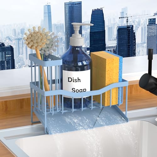 Fssvcd Maifan Sink Caddy Sponge Holder for Kitchen with Brush Holder and Stainless Steel Self Drain Tray, Rustproof Kitchen Sink Organizer for Sponge, Soap Dispenser Storage Accessories - color: Light blue