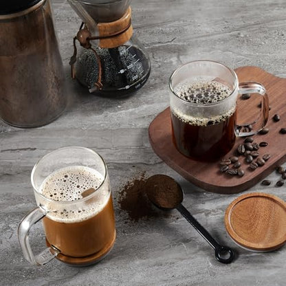 DRASTAR Glass Coffee Mugs, 20 oz Clear Coffee Cups, Coffee Mug with Acacia Wood Lid, Tea Glass Cups with Handles, Large Coffee Mug Set of 2, Glass Coffee Cups for Latte, Espresso, Tea - size: 20 oz