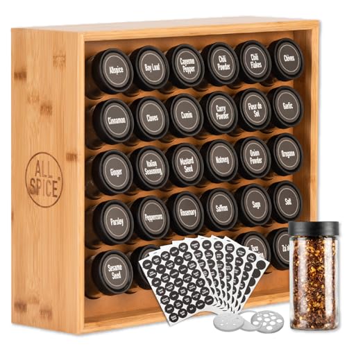 Spice Rack Organizer, Wood, 525 Unique Labels, Countertop or Wall Mount, Includes 30 4oz Jars- Bamboo - color: Bamboo, size: 30 Jar