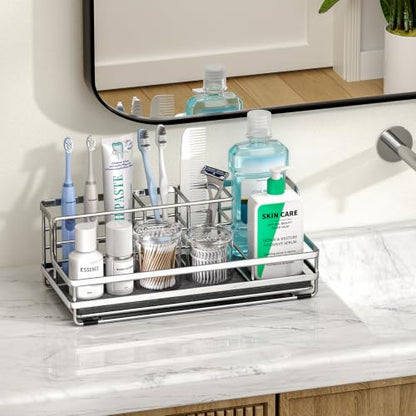 HapiRm Toothbrush Holders for Bathroom - 5 Partitions Bathroom Counter Organizer with Instant Drying Stone, Stainless Steel Countertop Storage Electric Toothbrush Toothpaste Holder - Silver(Large) - color: Silver-large