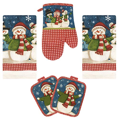 Kitchen Towel 5 Piece Linen Set 2 Towels 2 Pot Holders 1 Oven Mitt (X-Snowman) - color: X-snowman