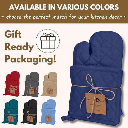 Native Fab 4 Piece Set - 2 Oven Mitts & 2 Potholders, Heat Resistant, 100% Cotton, Quilted Design, Non-Slip Grip, Machine Washable, Ideal for Baking, Cooking, BBQ, Kitchen Protection - Ink Blue - color: Indigo Blue