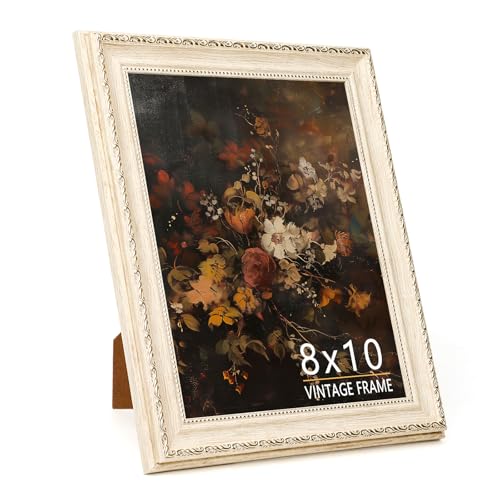 8x10 Vintage Picture Frame, Cream Ivory PS Photo Frame with Golden Floral Beaded Details & Wood Grain Texture, Antique-Style 8 x 10 Frame for Living Room, Office or Gallery Wall, 1 Pack - color: Cream Ivory, size: 8x10 - 1 Pack