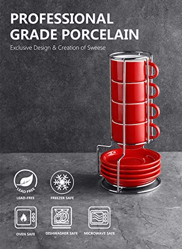 Sweese 4 Ounce Porcelain Stackable Espresso Cups with Saucers and Metal Stand Set of 4, Red - color: Red, size: 4 Ounces