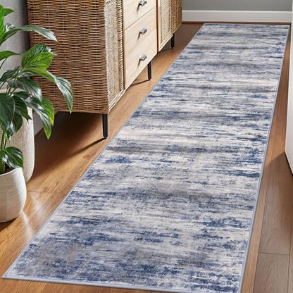 KOZYFLY Modern Abstract Hallway Runner Rug, 2.6x8 Washable Rug Runner Non-Slip Soft Striped Kitchen Runner Rugs, Print Grey Blue Carpet Runner for Entryway Bathroom Laundry Room Foyer - color: Blue-grey, size: 2'8" x 8' (Runner)