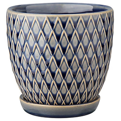 Oairse 4 inches Ceramic Planter Pots 3 Set of Small Round Flower Pots with Drainage Hole and Ceramic Tray for Succulents Cactus Indoor Outdoor Garden Home Windowsill - color: Blue