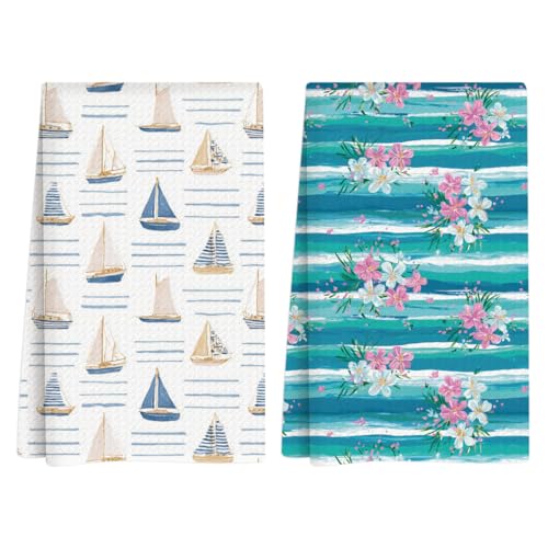 Summer Kitchen Towels, Summer Kitchen Bathroom Decor, Housewarming Gifts, Sailboat Flower Waffle Decorative Dish Hand Towel for Seasonal Holiday Bathroom Home Bar Baking Set of 2 14x24 Inch - color: Sailboat Flower