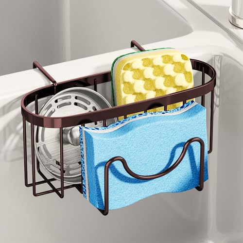 SWTYMIKI Sponge Holder for Kitchen Sink - Movable Kitchen Sink Caddy with M Shape Hook, Stainless Steel Hanging Sponge Caddy for Dish Sponge, Brush, Stopper Organizer in Double Bowl Sink, Bronze - color: Bronze-regular