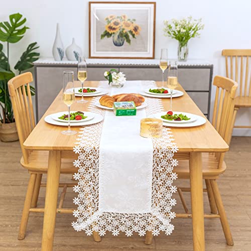 Lace Table Runner Waterproof Fabric Washable Off White 16x70inch | Elegant Decor AntiShrink Soft Wrinkle Resistant Decorative Fabric Dining Home Holiday Party Kitchen Outdoor Indoor Home Décor - color: Blossom-white, size: 16" x 70" (Rectangle)