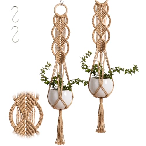 Shappy 2 Pack Boho Macrame Plant Hanger, Large Hanging Planter Plant Holder Pot Hanger Hanging Basket Wall Planters, Plants Lover Gift for Indoor Garden (Wooden Ring Macrame,Jute Color) - color: Jute Color, size: Style C