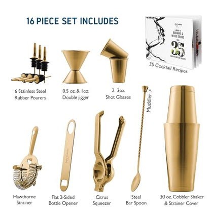 Bar Set Cocktail Shaker Set, Stainless Steel Mixology Bartender Kit, 16 Piece Cocktail Kit, Gold Cocktail Set, Bar Tools: 30oz Martini Shaker, Muddler, Bar Kit Cocktail Book, Jigger and Pourers - color: Gold, size: 16 Piece