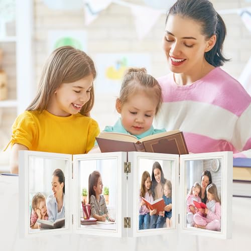 POILKMNI 4x6 In Four Picture Frame 4 Hinged Photo Frame with 4 Openings | Natural Wood Foldable Photo Frame High Definition Acrylic for Mothers Day Father's Day Christmas Gift, Family Picture, White - color: White, size: 4x6