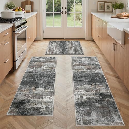 GENIMO Kitchen Rugs Set of 3, Washable Non Slip Kitchen Mats for Floor | 20"x32"&20"x48"&20"x59", Black Brown vintage abstract rug, soft faux cashmere, low pile, easy-clean for laundry - color: Black Brown, size: 20"x32"+20"x48"+20"x59"