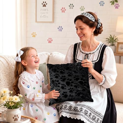 Tiamon 4 Pcs Paw Pillow Covers Paw Print Throw Pillow Covers 18 x 18 Inch Animal Pet Dog Cat Footprints Plush 3D Faux Fur Jacquard Embroidered Cushion Cases for Bed Sofa Couch Decorations - style: Black Paw