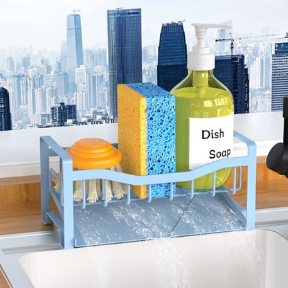 Stainless Steel Kitchen Sink Caddy Organizer with Auto Drain Tray, Sponge Holder for Countertop Storage - color: Light Blue